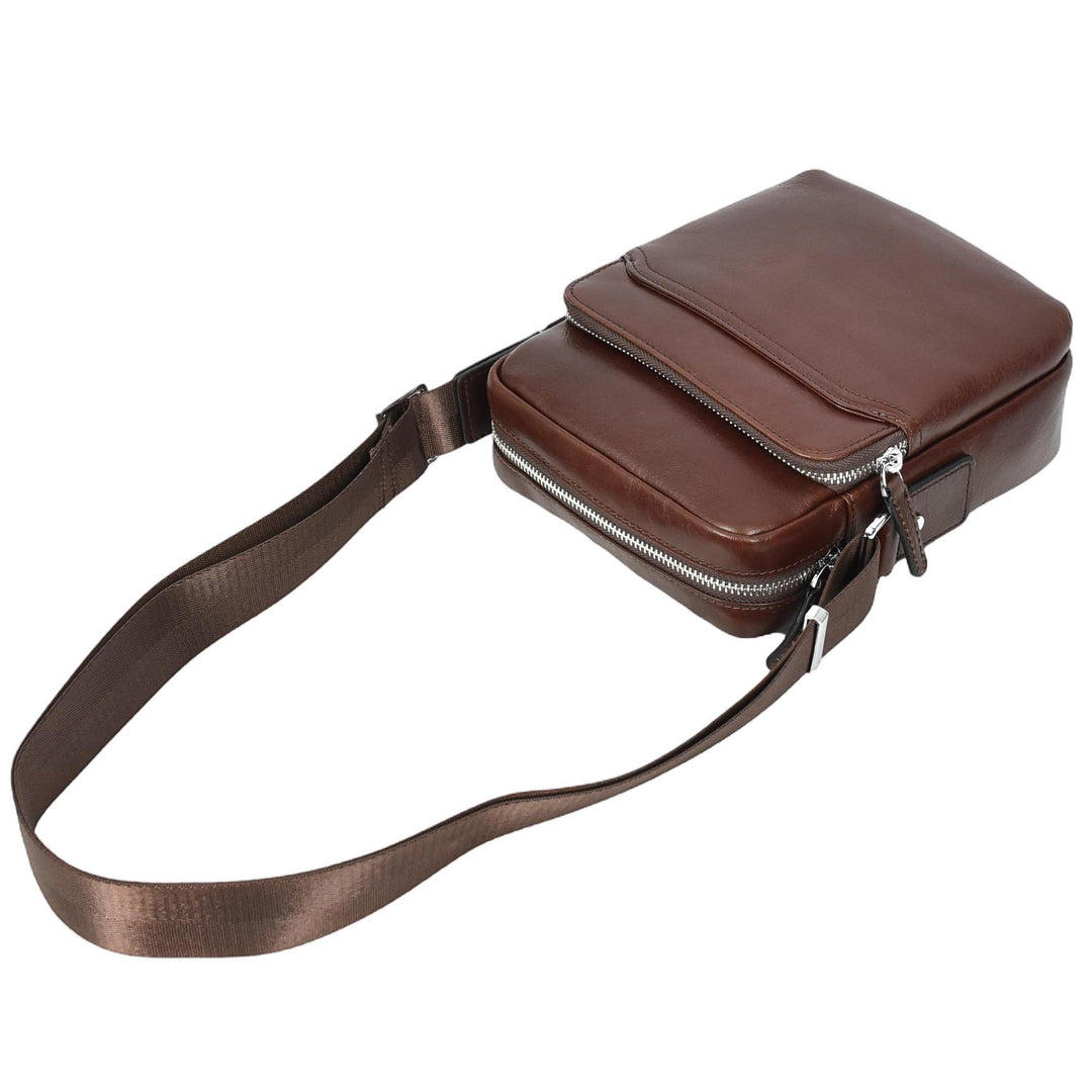 Mens Real Leather Cross Body Bag Small Size Travel Pouch Hanoi Brown-7