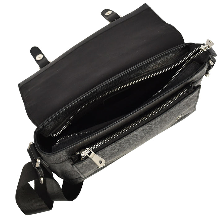 Men's Real Leather Crossbody Messenger Bag Flap Over Dual Buckle Ted Black