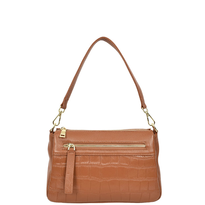 Womens Real Leather Shoulder Handbag Croc-Print Design Everyday Bag Edlyn Tan
