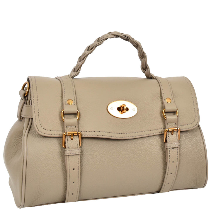 Womens Real Leather Handbag Classic Satchel Top-Handle Style Greta Beige-3