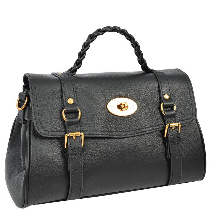 Womens Real Leather Handbag Classic Satchel Top-Handle Style Greta Black-3