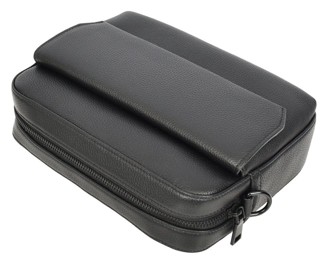Men's Real Leather Crossbody Flight Bag Adjustable Strap Sandy Black