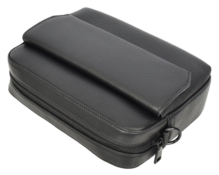 Men's Real Leather Crossbody Flight Bag Adjustable Strap Sandy Black