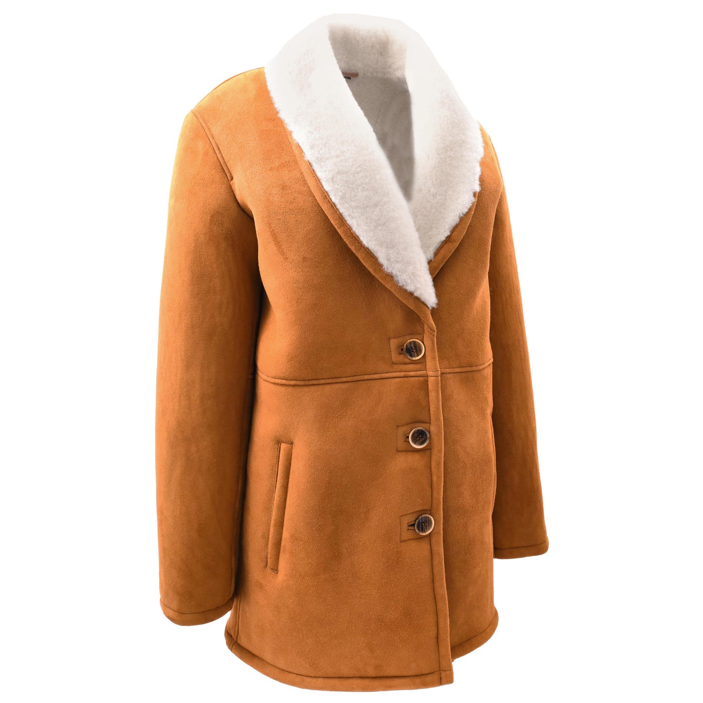 Womens Cognac Sheepskin Coat Mid Length White Merino Brenda 9