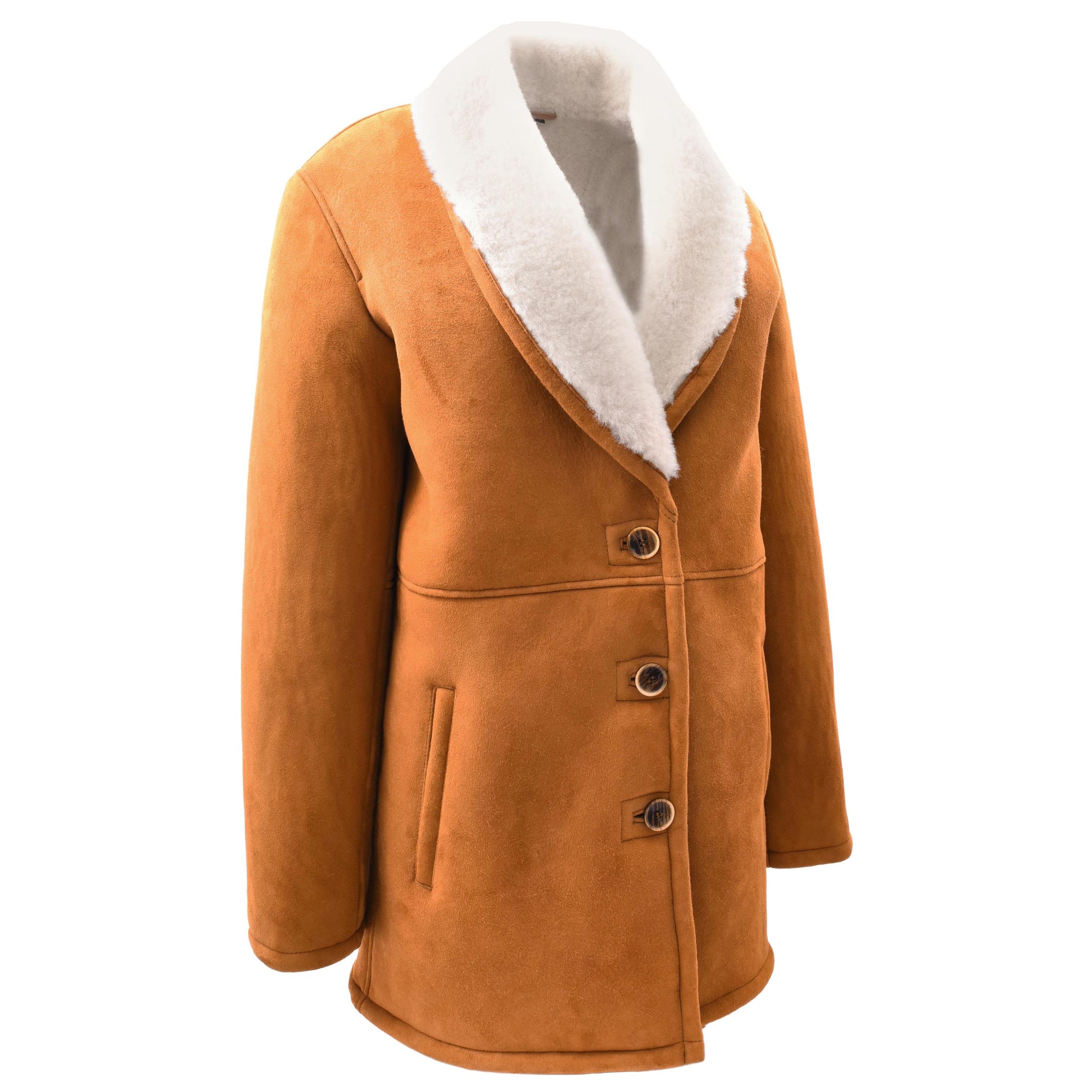 Womens Cognac Sheepskin Coat Mid Length White Merino Brenda 9