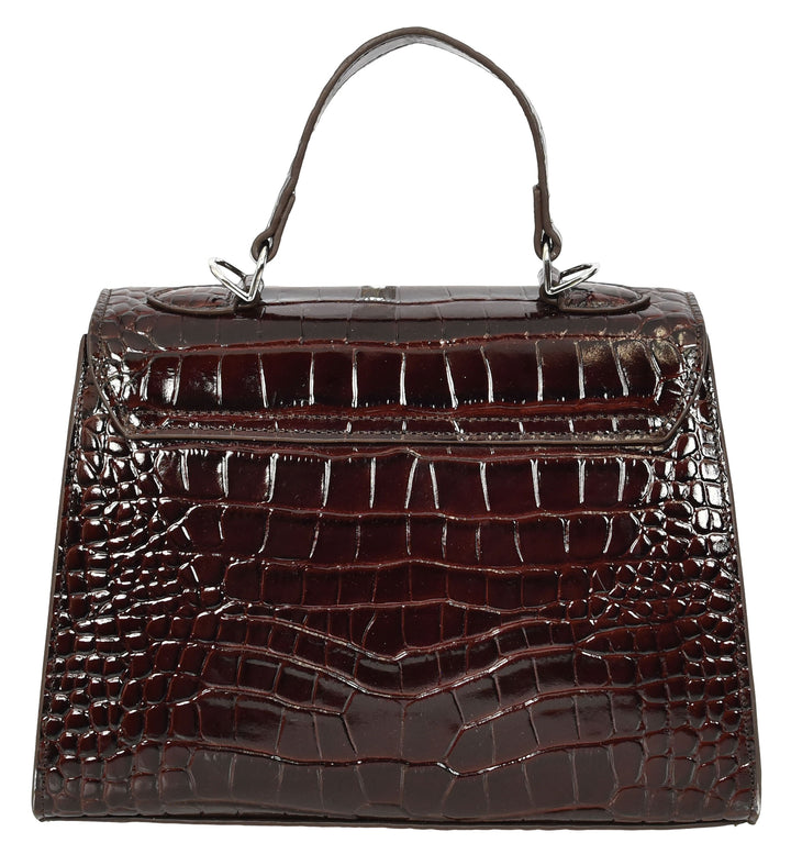 Women's Leather Structured Top Handle Handbag with Shoulder Strap HOL8617 Coffee