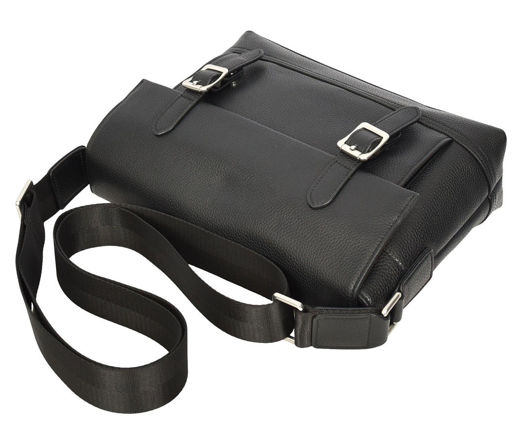 Men's Real Leather Crossbody Messenger Bag Flap Over Dual Buckle Ted Black
