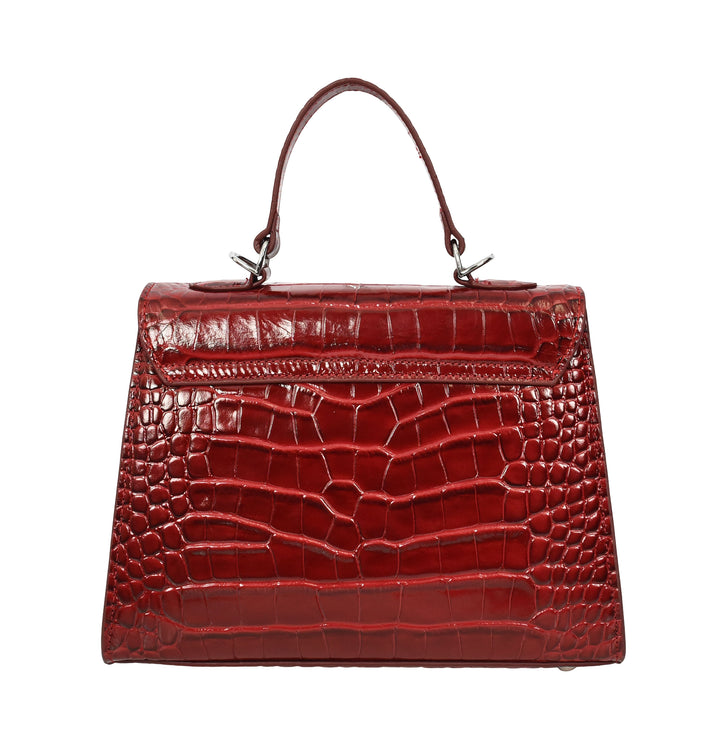 Women's Leather Structured Top Handle Handbag with Shoulder Strap HOL8617 Red