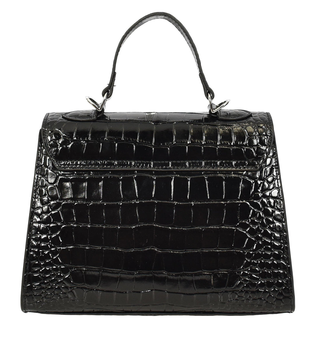 Women's Leather Structured Top Handle Handbag with Shoulder Strap HOL8617 Black