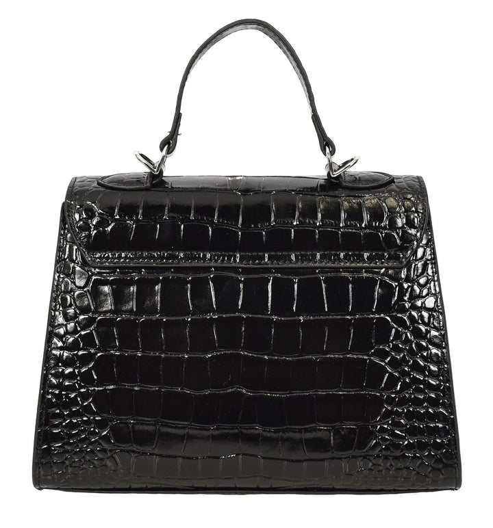 Women's Leather Structured Top Handle Handbag with Shoulder Strap HOL8617 Black