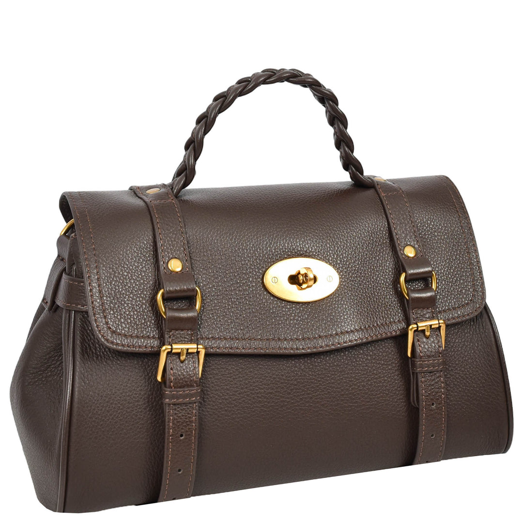 Womens Real Leather Handbag Classic Satchel Top-Handle Style Greta Brown-3