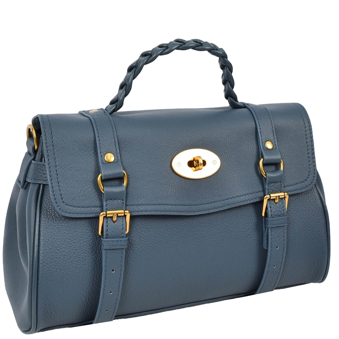 Womens Real Leather Handbag Classic Satchel Top-Handle Style Greta Blue-3