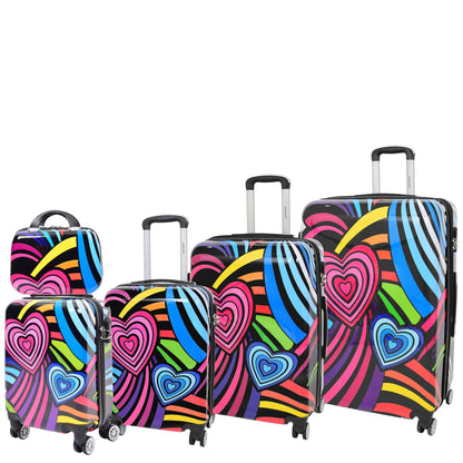 Four Wheels Multi Hearts Printed Suitcase Cosmos Black 1