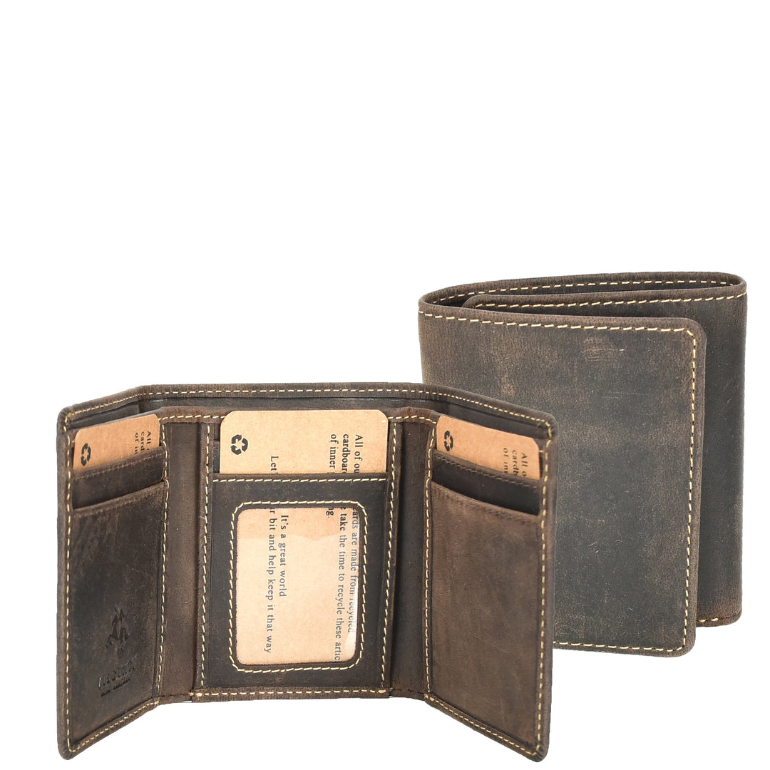 Men's Genuine Leather Brown Trifold Wallet - Slim Design With ID Window & Card Slots