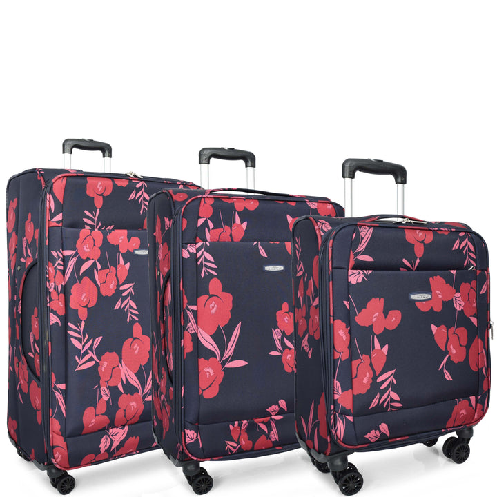 Four Wheel Suitcase Luggage Lightweight Flower Print Navy FULLSET