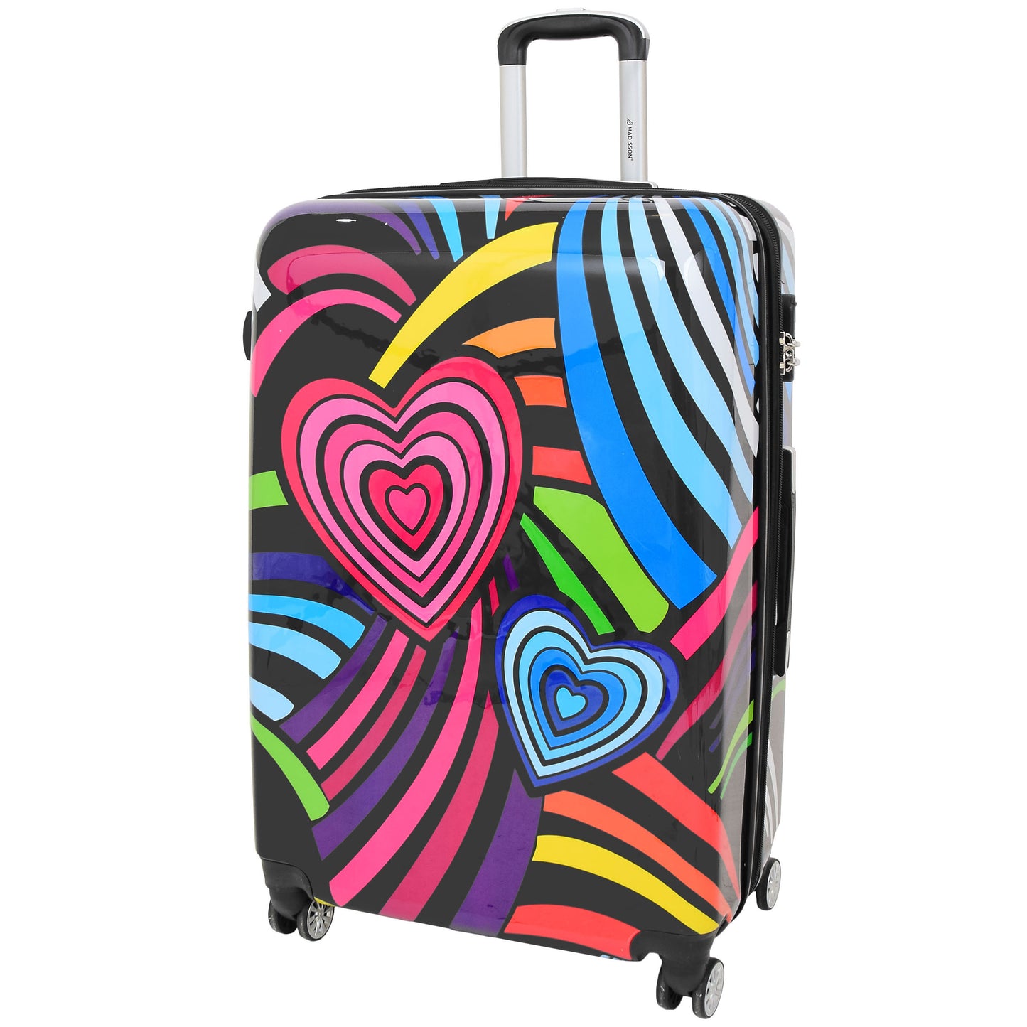 Four Wheels Multi Hearts Printed Suitcase Cosmos Black 3