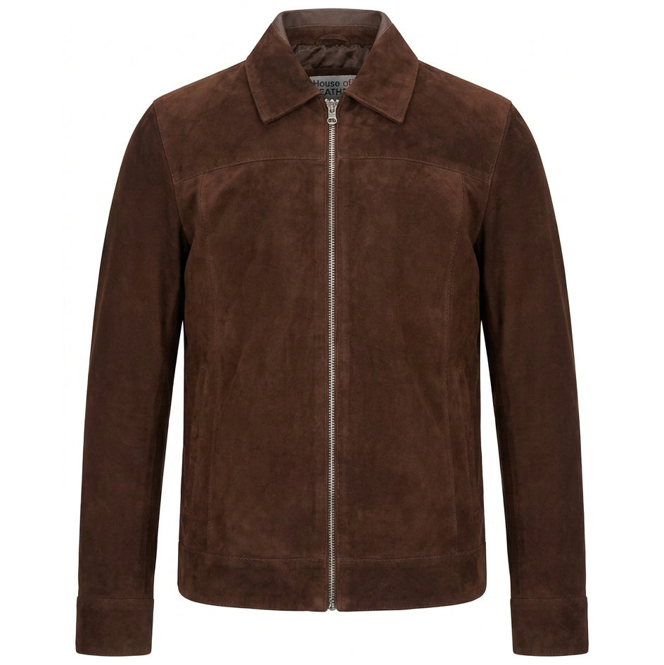 Mens Real Goat Suede Jacket Classic Zip Box Style Larry Rust Brown