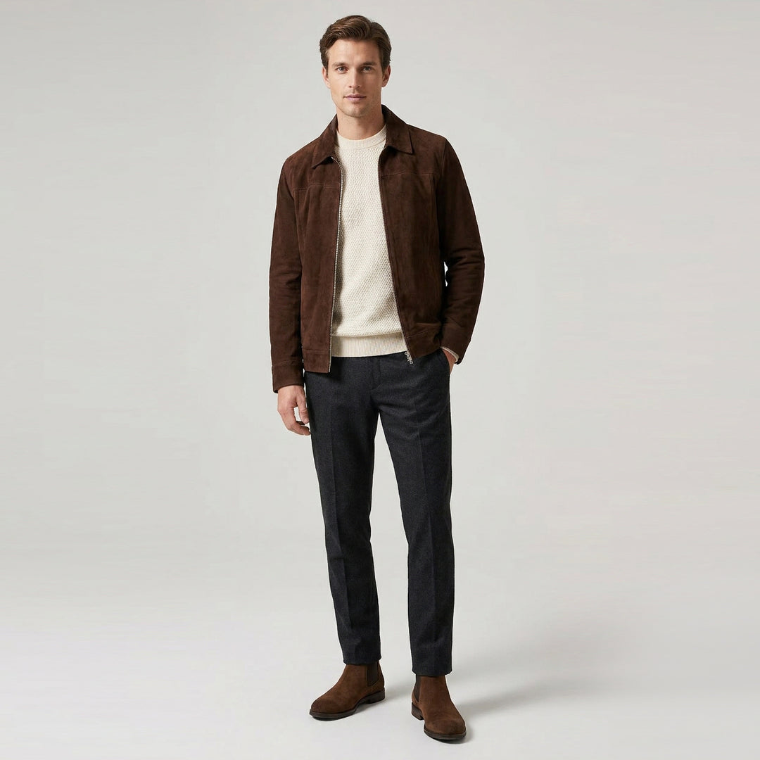 Mens Real Goat Suede Jacket Classic Zip Box Style Larry Rust Brown