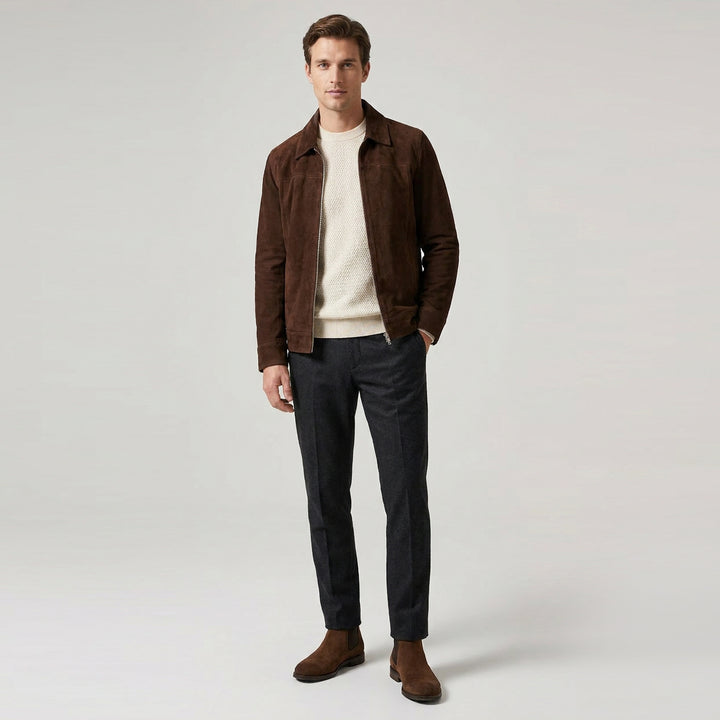 Mens Real Goat Suede Jacket Classic Zip Box Style Larry Rust Brown