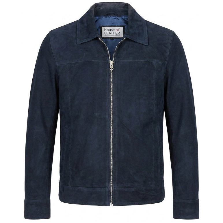 Mens Real Goat Suede Jacket Classic Zip Box Navy | House of Leather