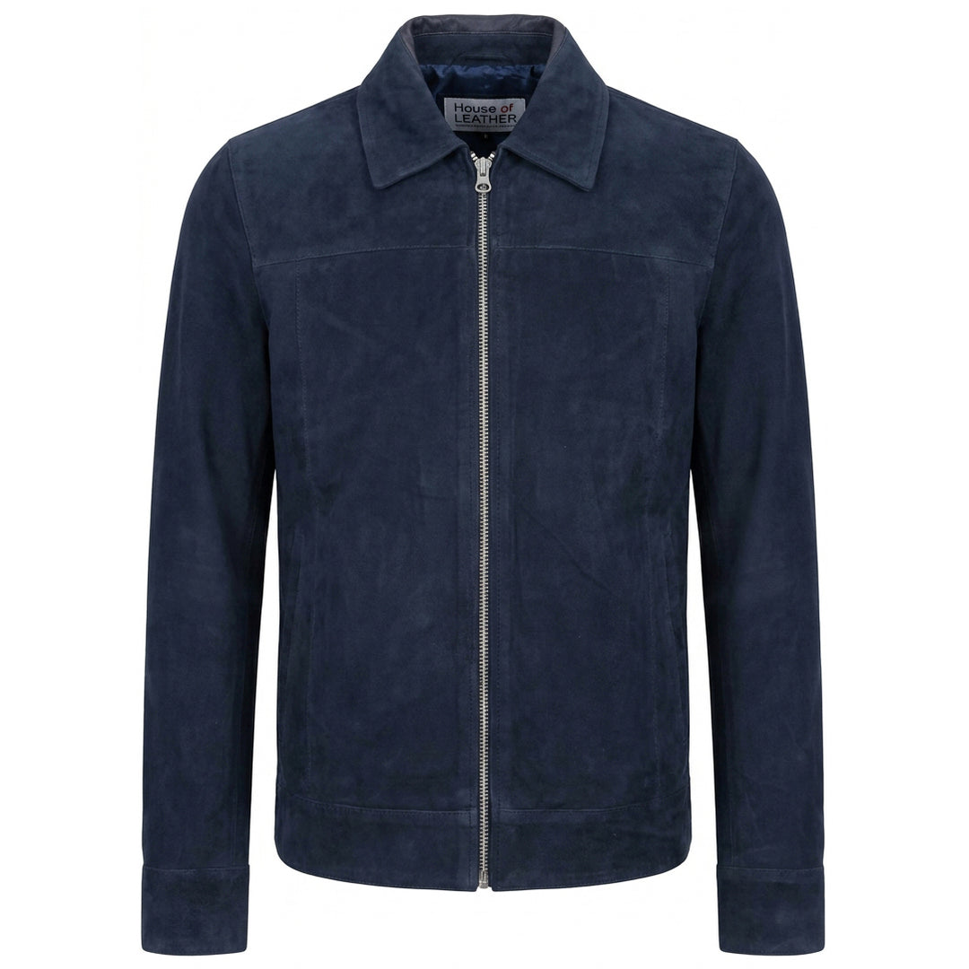 Mens Real Goat Suede Jacket Classic Zip Box Style Larry Navy