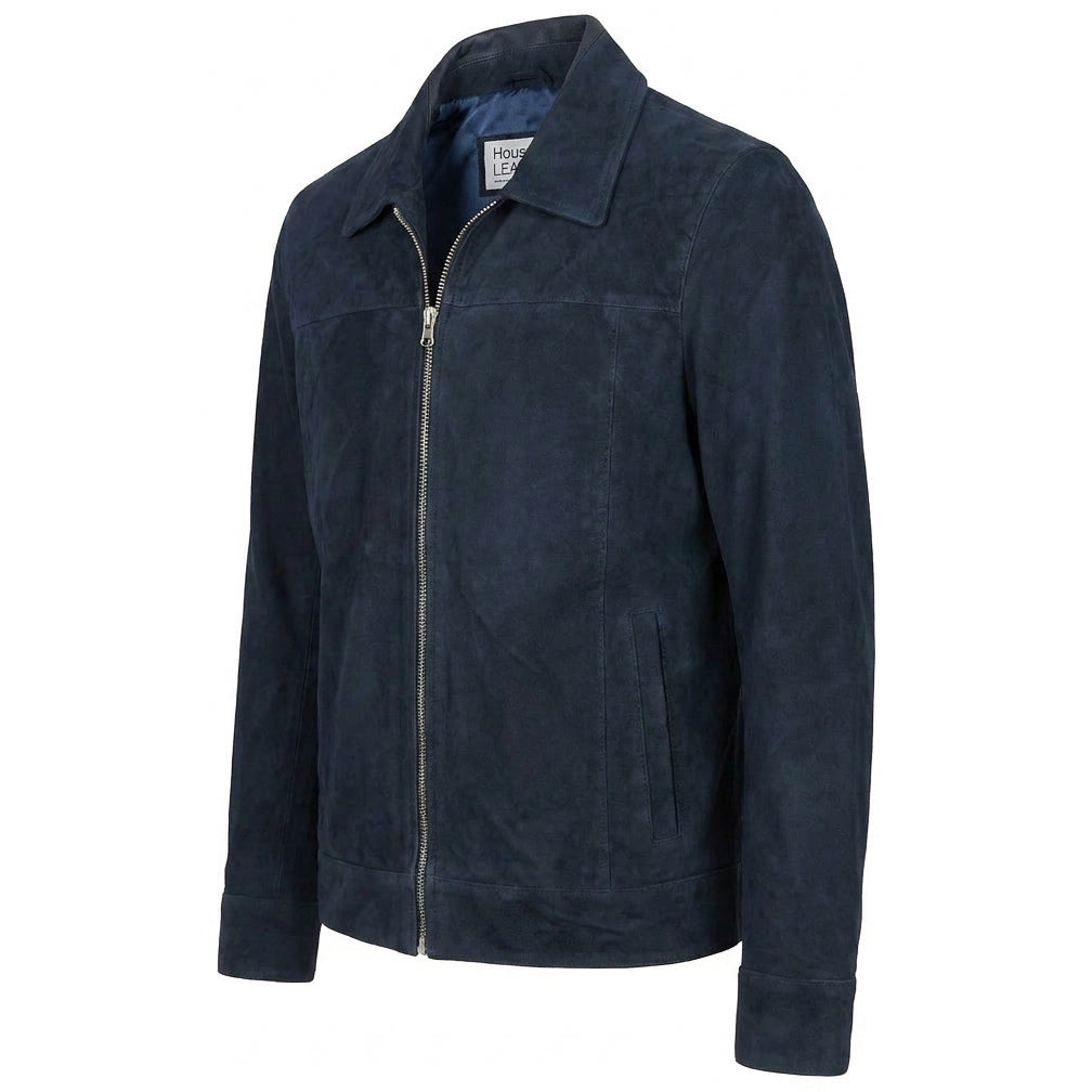 Mens Real Goat Suede Jacket Classic Zip Box Style Larry Navy