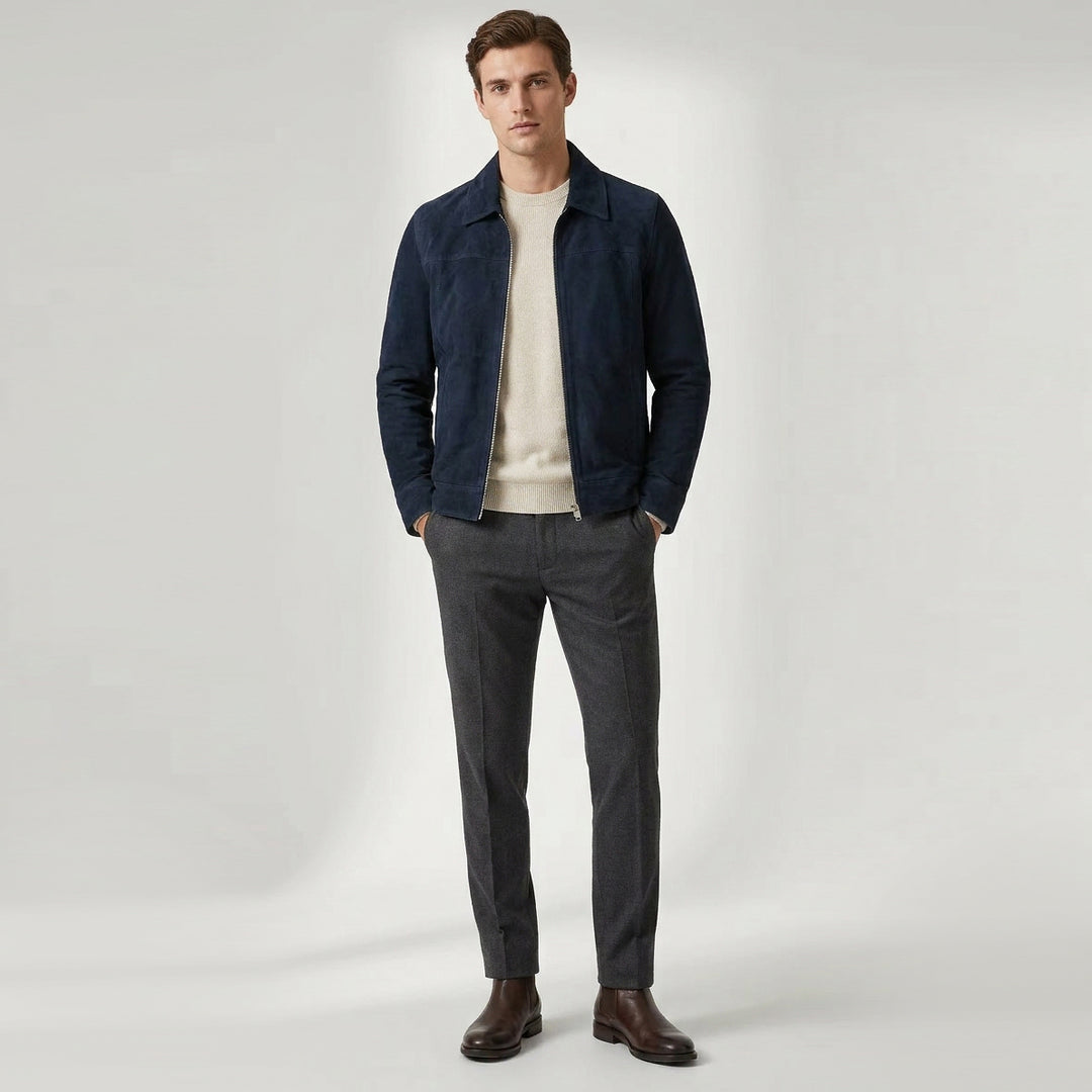 Mens Real Goat Suede Jacket Classic Zip Box Style Larry Navy