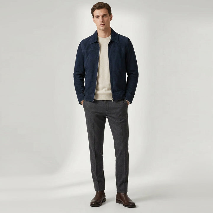 Mens Real Goat Suede Jacket Classic Zip Box Style Larry Navy