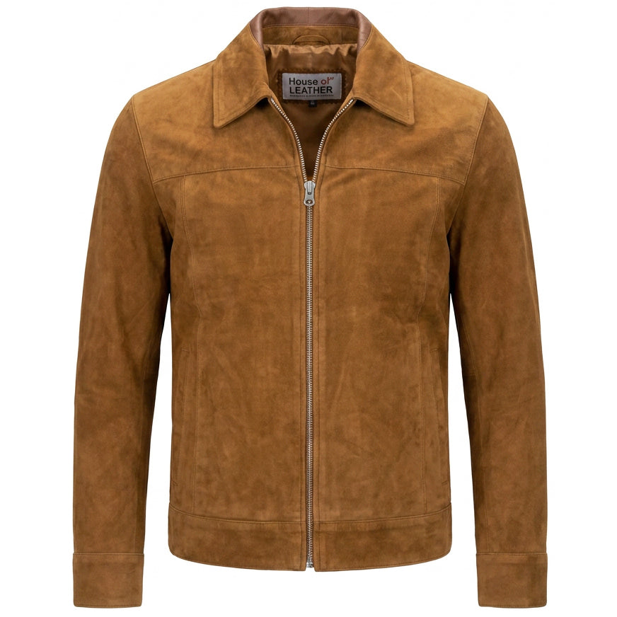 Mens Real Goat Suede Jacket Classic Zip Box Cognac | House of Leather