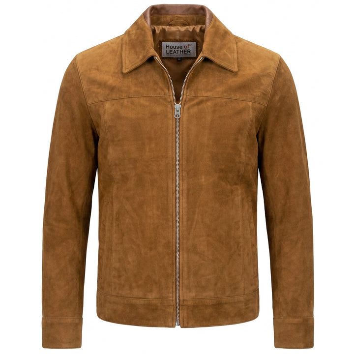 Mens Real Goat Suede Jacket Classic Zip Box Style Larry Cognac