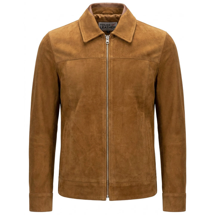 Mens Real Goat Suede Jacket Classic Zip Box Style Larry Cognac