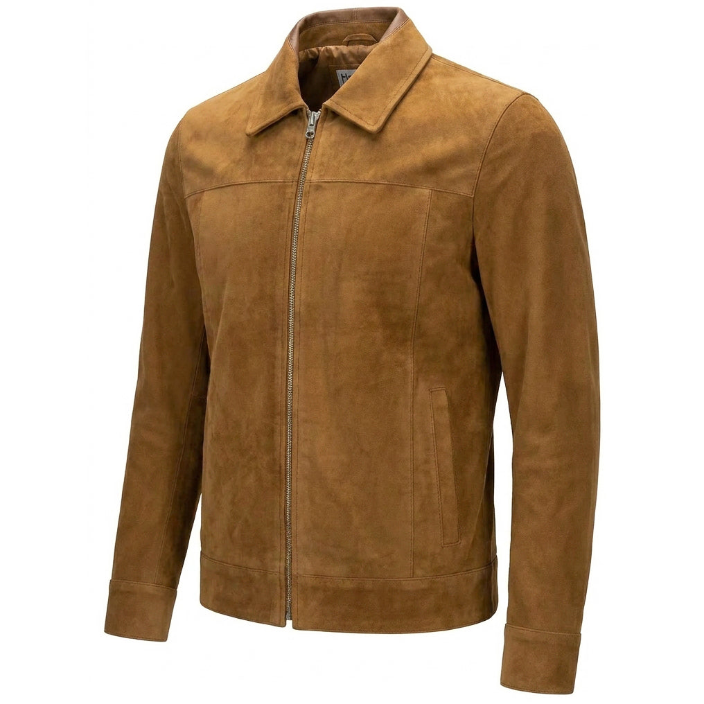 Mens Real Goat Suede Jacket Classic Zip Box Style Larry Cognac