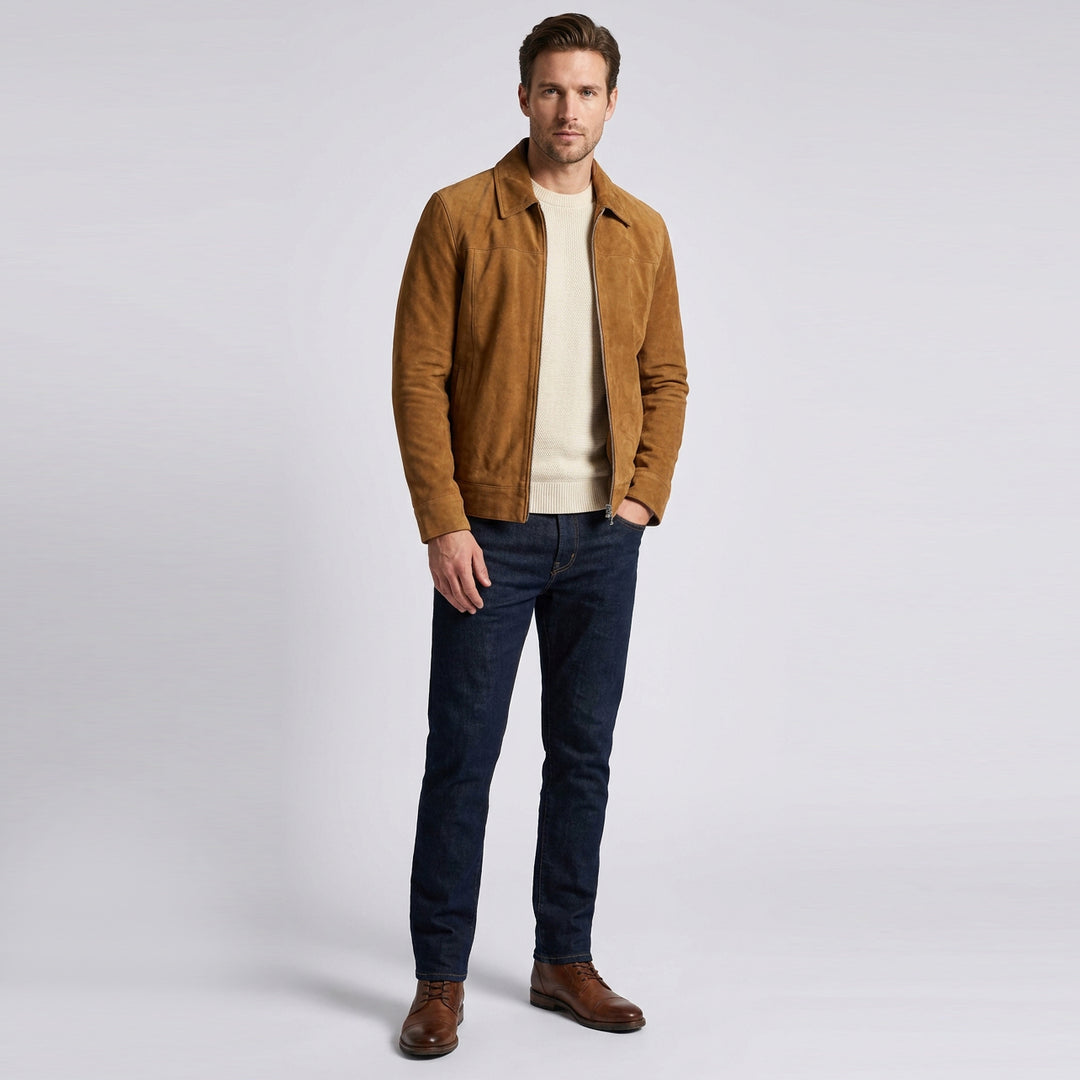 Mens Real Goat Suede Jacket Classic Zip Box Style Larry Cognac
