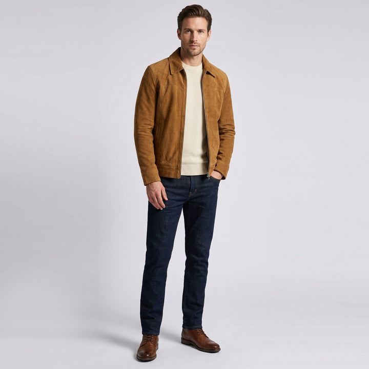 Mens Real Goat Suede Jacket Classic Zip Box Style Larry Cognac