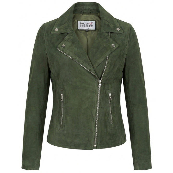Women's Genuine Goat Suede Biker Jacket Lola Olive Green