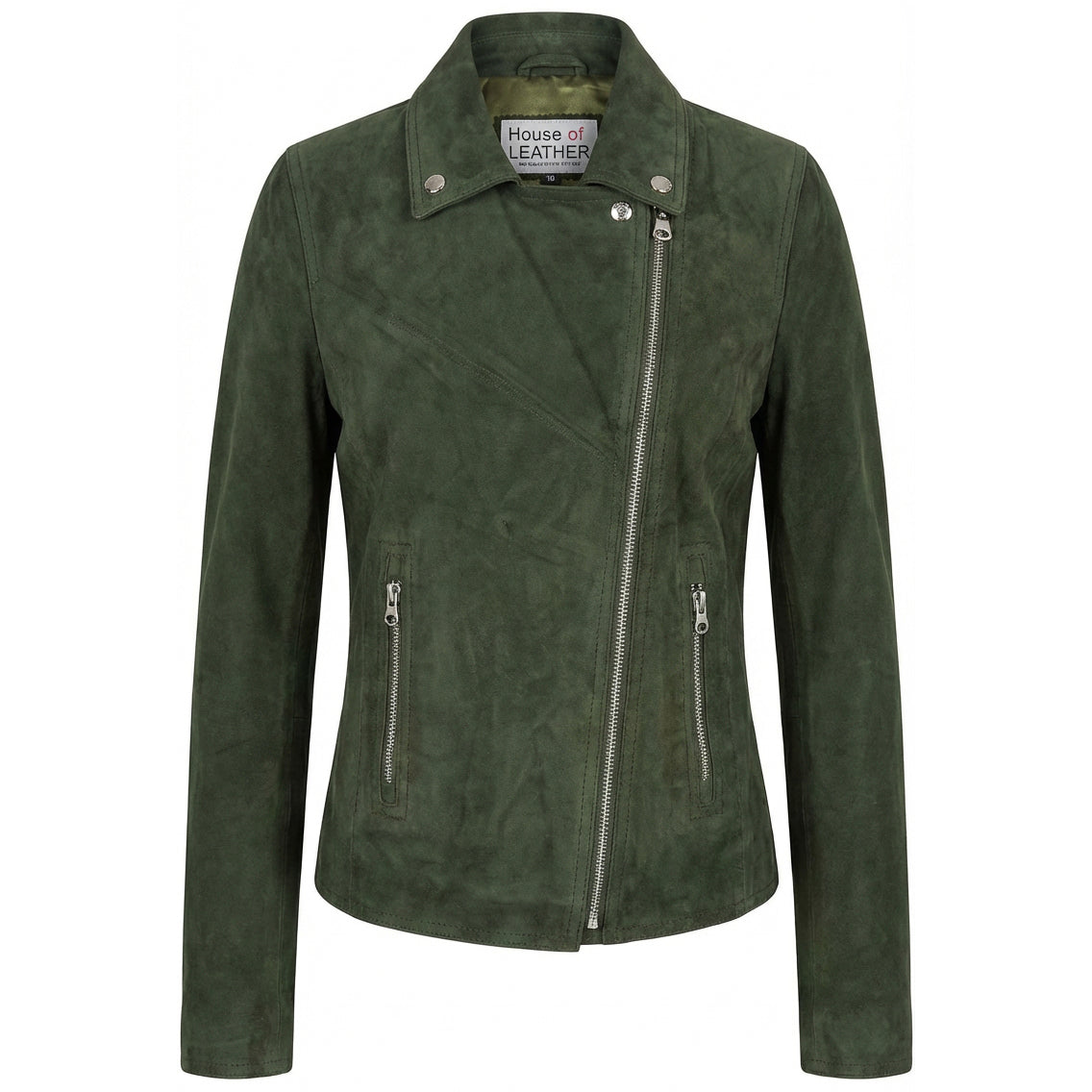 Womens Soft Goat Suede Cross Zip Biker Jacket Green | House of Leather