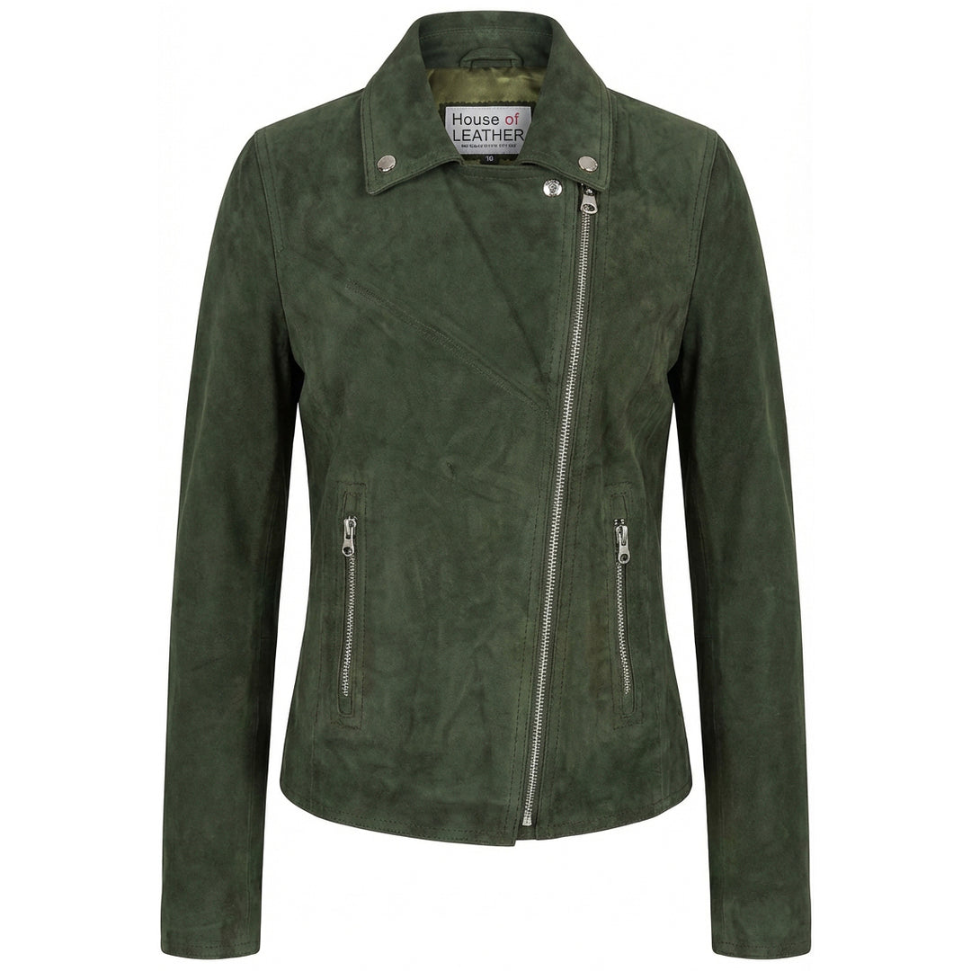 Women's Genuine Goat Suede Biker Jacket Lola Olive Green