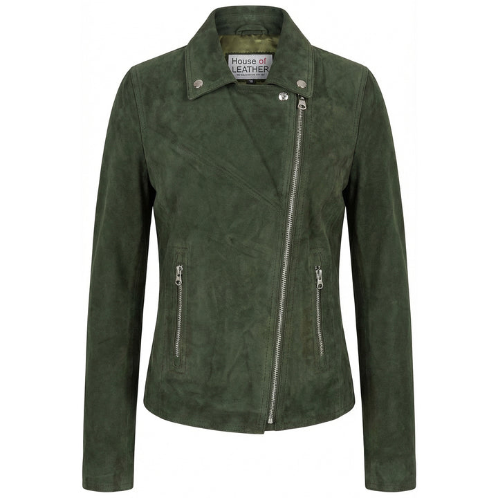 Women's Genuine Goat Suede Biker Jacket Lola Olive Green