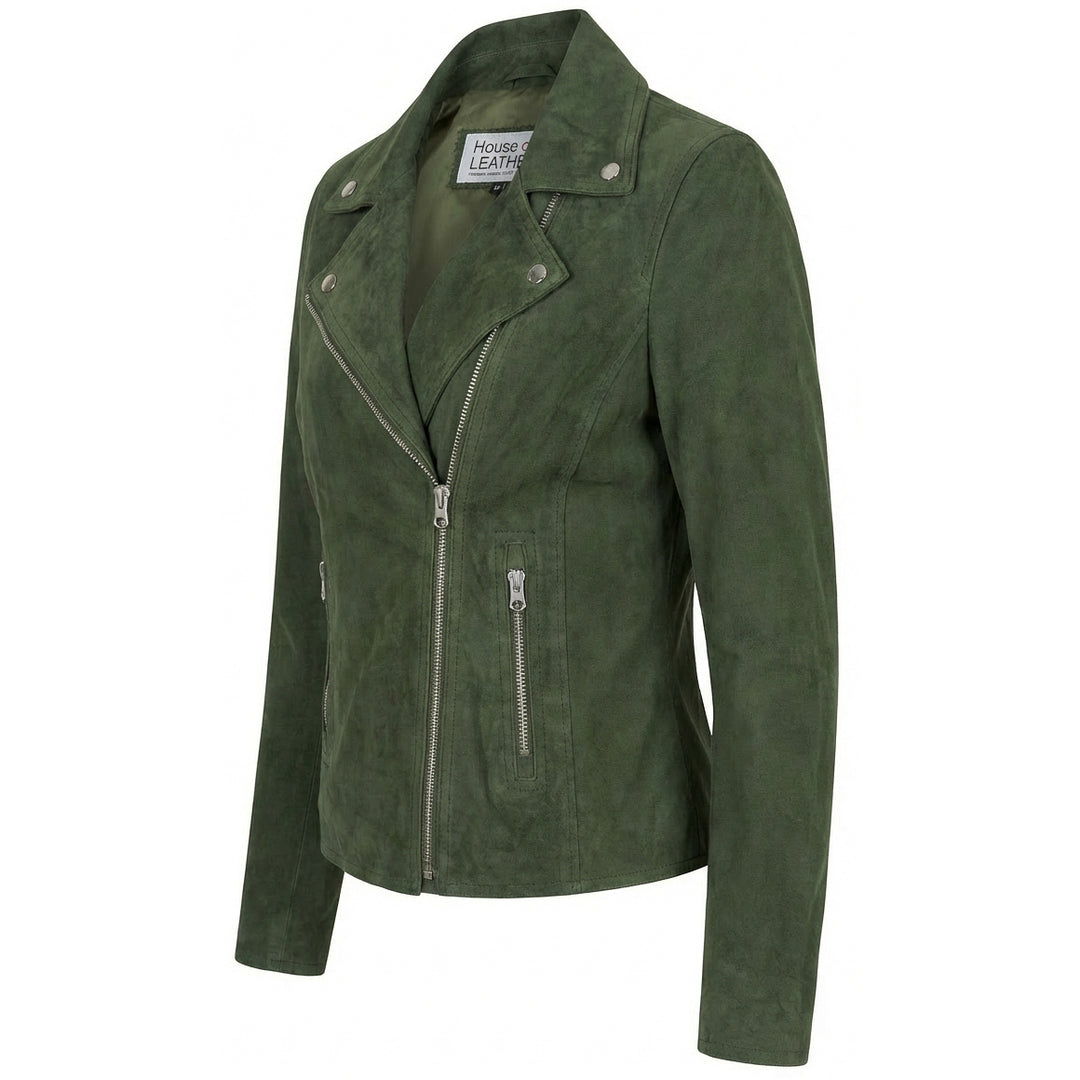 Women's Genuine Goat Suede Biker Jacket Lola Olive Green
