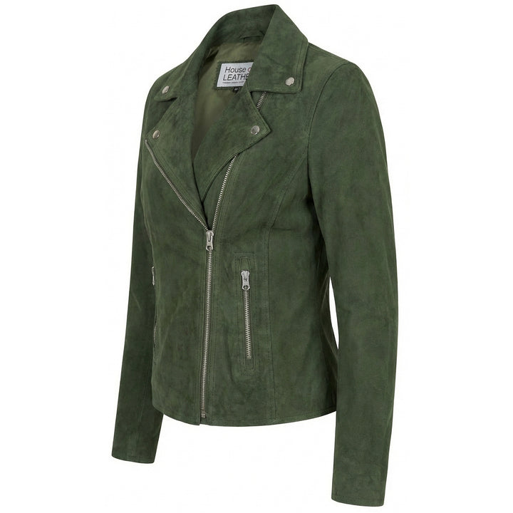 Women's Genuine Goat Suede Biker Jacket Lola Olive Green