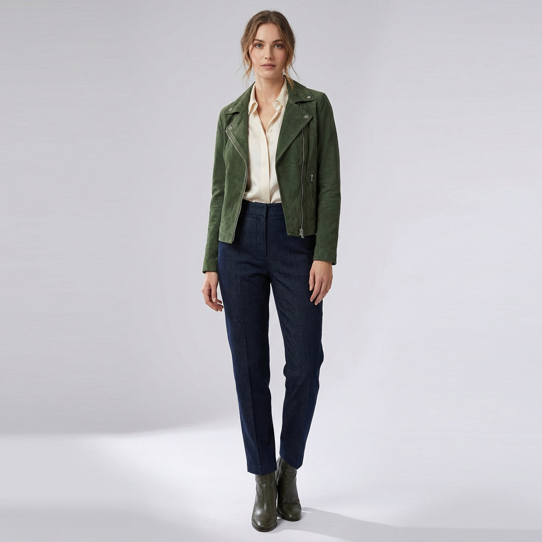 Women's Genuine Goat Suede Biker Jacket Lola Olive Green