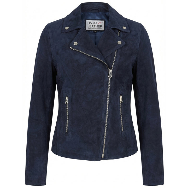 Women's Genuine Goat Suede Biker Jacket Lola Navy Blue