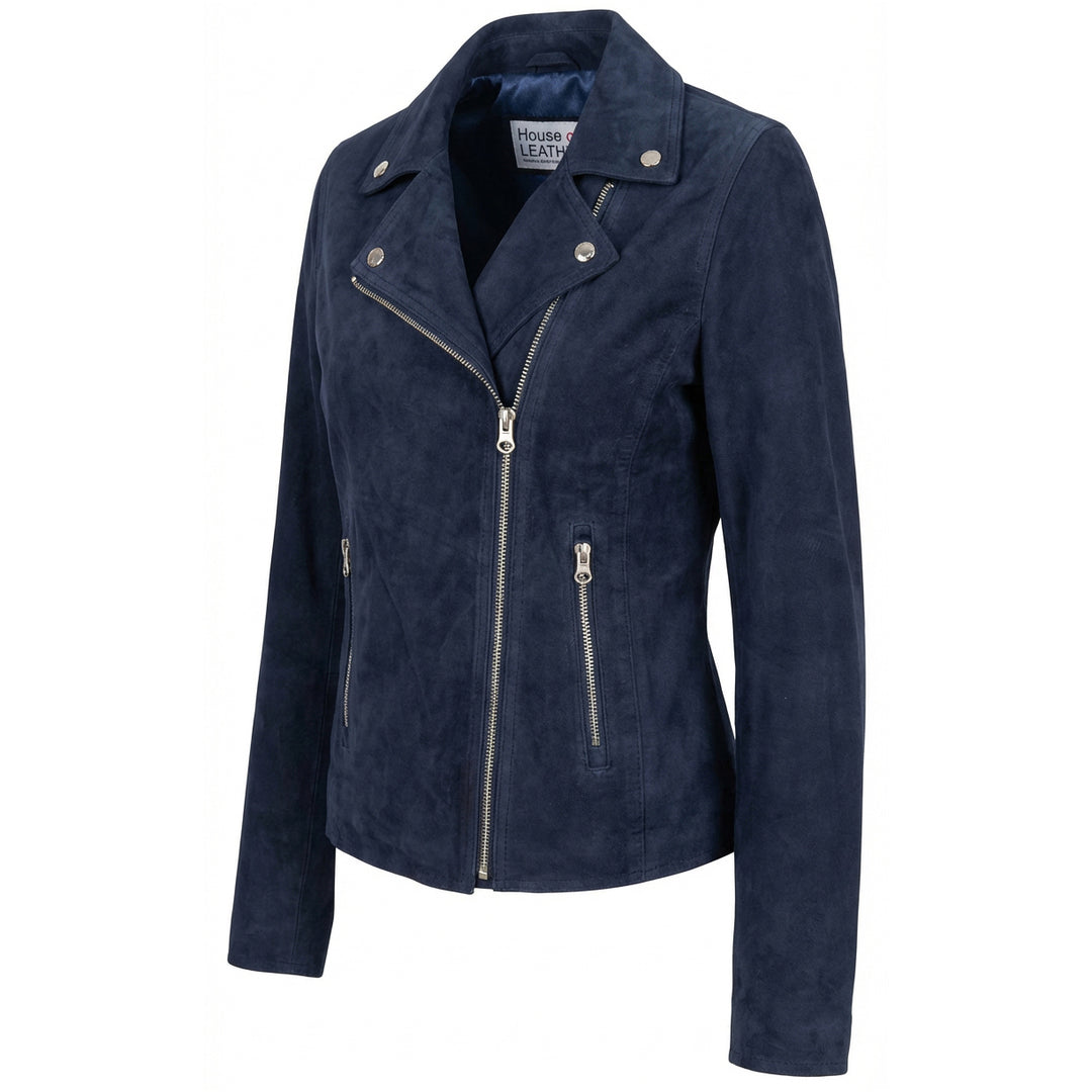 Women's Genuine Goat Suede Biker Jacket Lola Navy Blue