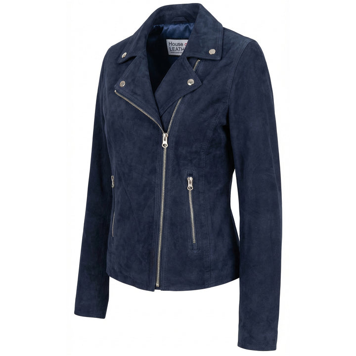 Women's Genuine Goat Suede Biker Jacket Lola Navy Blue