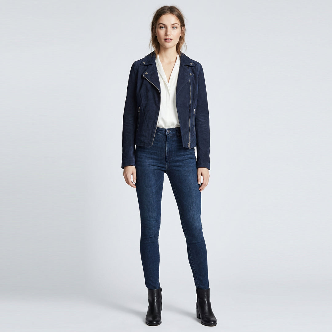 Women's Genuine Goat Suede Biker Jacket Lola Navy Blue