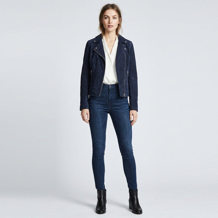 Women's Genuine Goat Suede Biker Jacket Lola Navy Blue