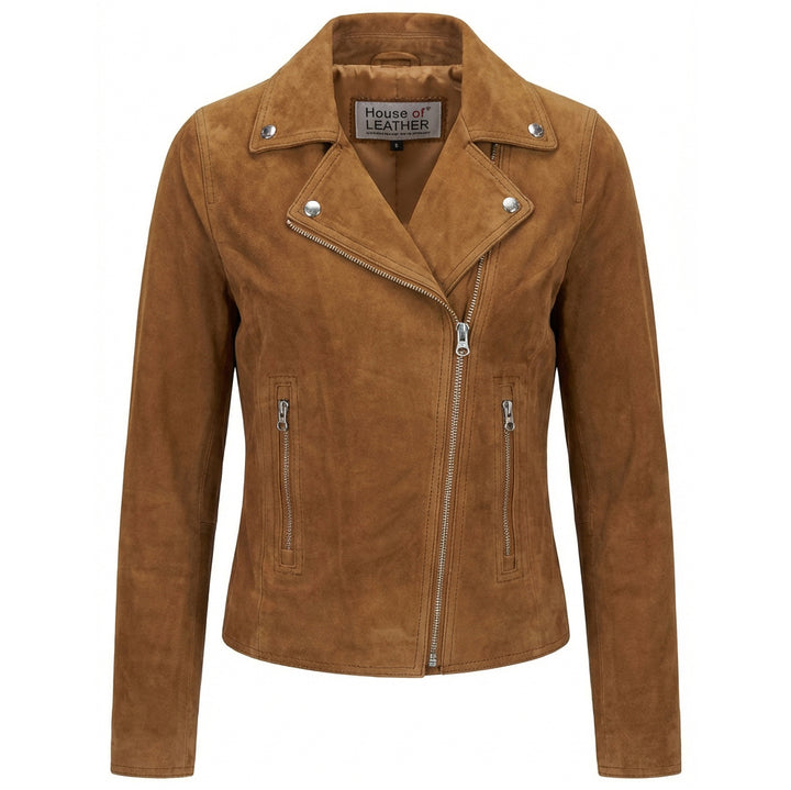 Women's Genuine Goat Suede Biker Jacket Lola Cognac