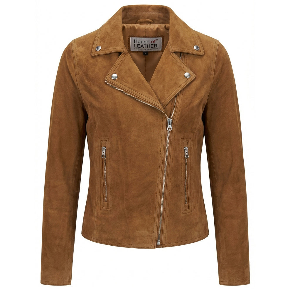 Womens Soft Goat Suede Cross Zip Biker Jacket Cognac| House of Leather