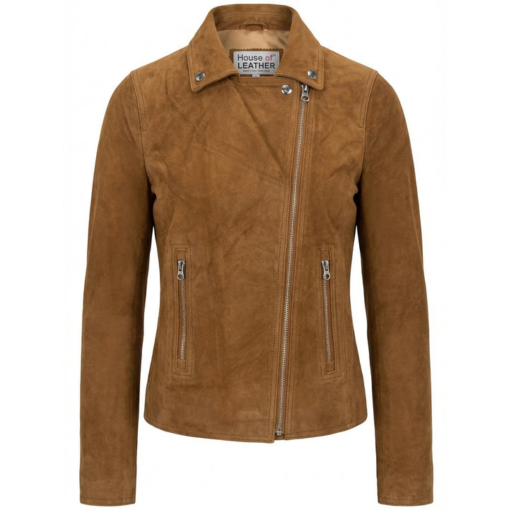 Women's Genuine Goat Suede Biker Jacket Lola Cognac