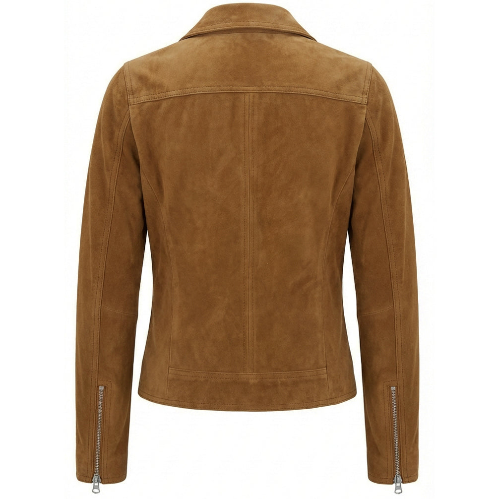 Women's Genuine Goat Suede Biker Jacket Lola Cognac